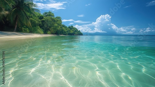 Pristine tropical beach with crystal clear turquoise waters, lush green palm trees, and a vibrant blue sky under fluffy white clouds on a sunny day