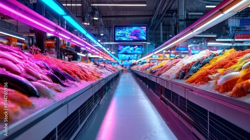 Vibrant Seafood Display in Modern Supermarket with Colorful Lights and Fresh Fish Selection