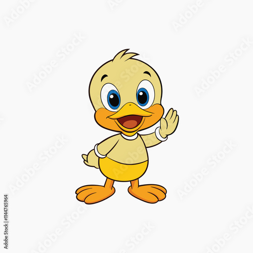 Adorable baby duck hand waving, Chick waving a hand. Vector illustration isolated on a white background.
