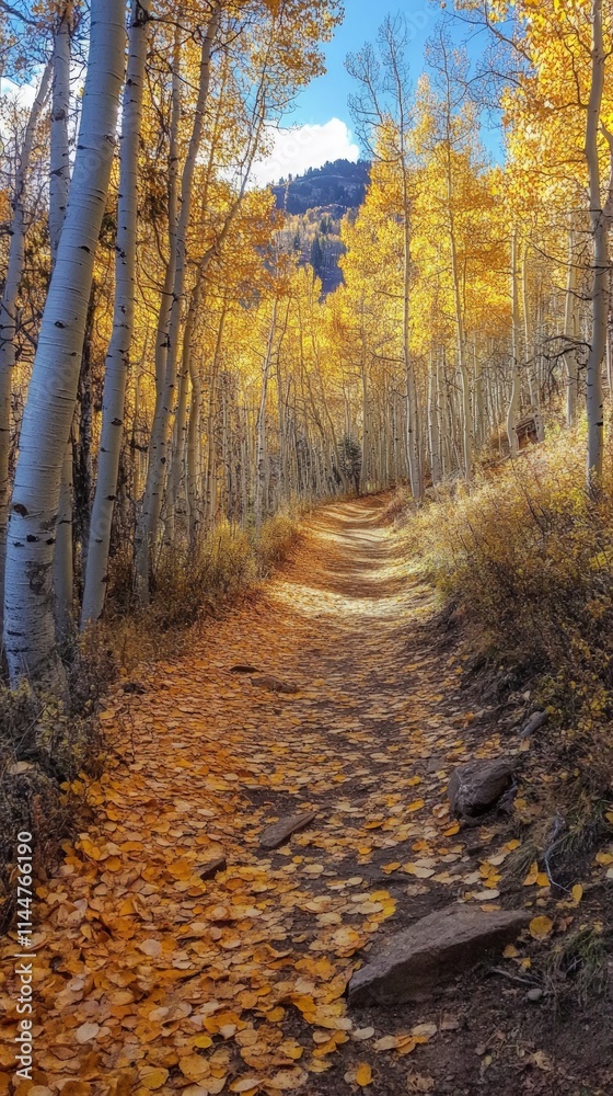 Obraz premium Winding Forest Trail Covered with Autumn Leaves in a Vibrant Scene