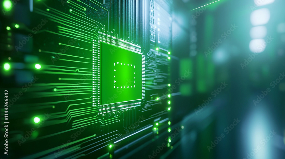 Close-up of a green circuit board showcasing intricate electronic components. Close-up of a green circuit board showcasing intricate electronic components.