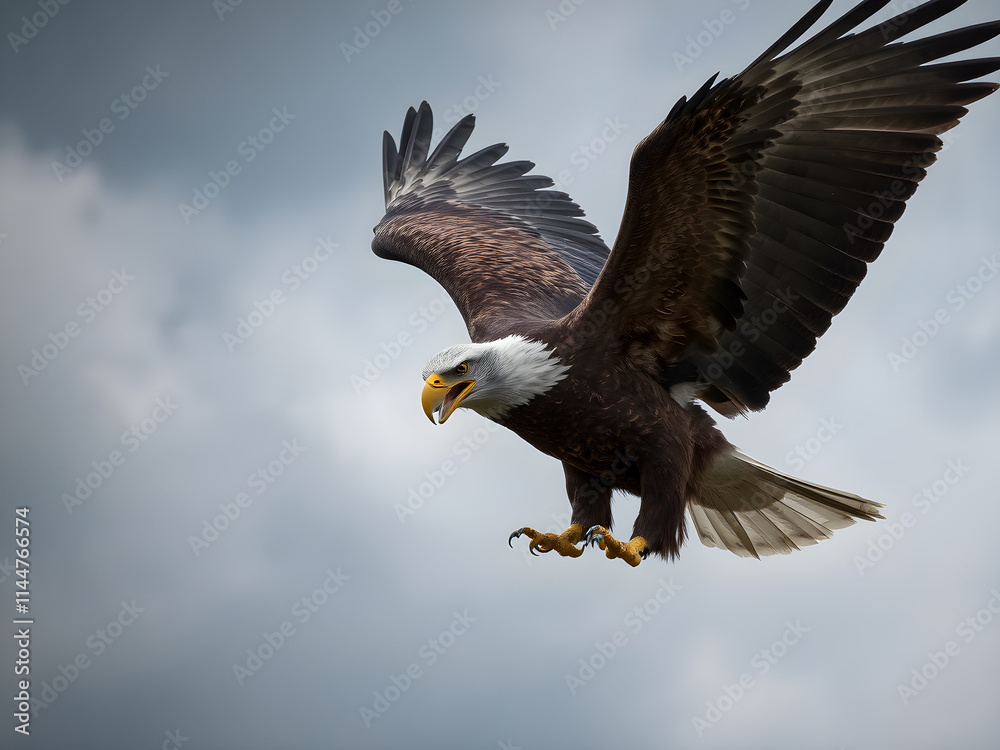 The bald eagle, a majestic bird of prey, soars through the blue sky with powerful wings in flight The bald eagle, a majestic bird of prey, soars through the blue sky with powerful wings in flight