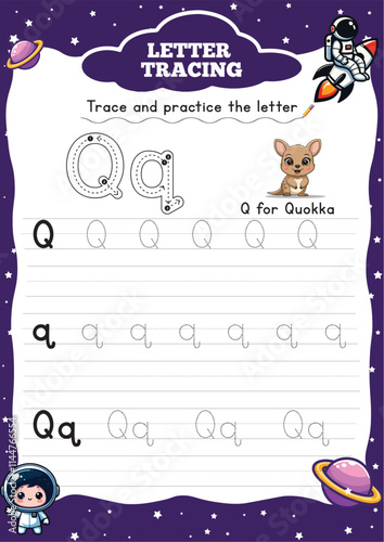 Letter Tracing Handwriting Practice Worksheet With Arrow Direction Alphabet Qq with quokka clipart