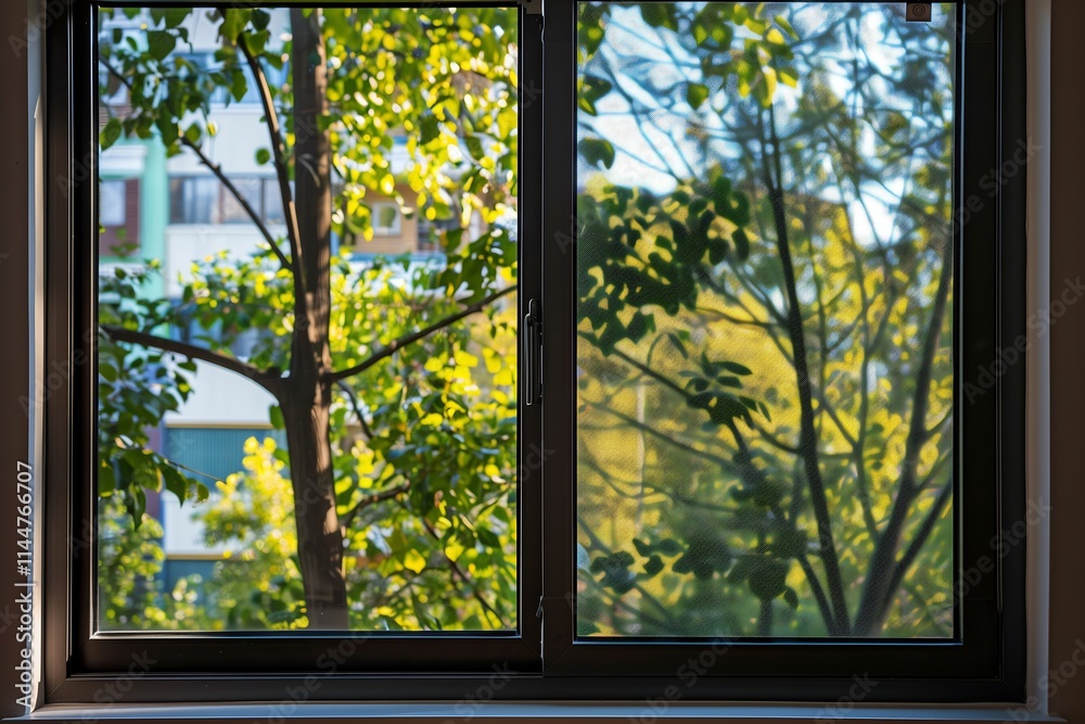 Fototapeta premium a wide horizontal window with large metal frames showcasing outside view in a living room 
