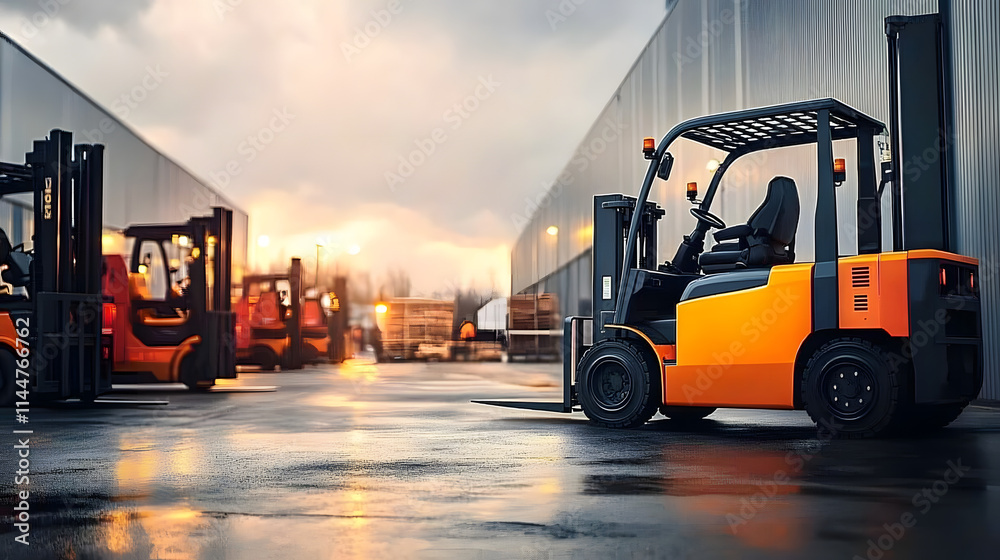 Forklift transporting construction tools at a job site, building equipment Versatile and strong, reliable and effective, site logistics Forklift transporting construction tools at a job site, building equipment Versatile and strong, reliable and effective, site logistics