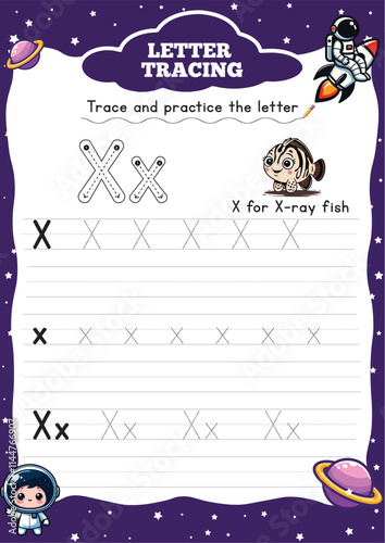 Letter Tracing Handwriting Practice Worksheet With Arrow Direction Alphabet Xx with x ray fish clipart