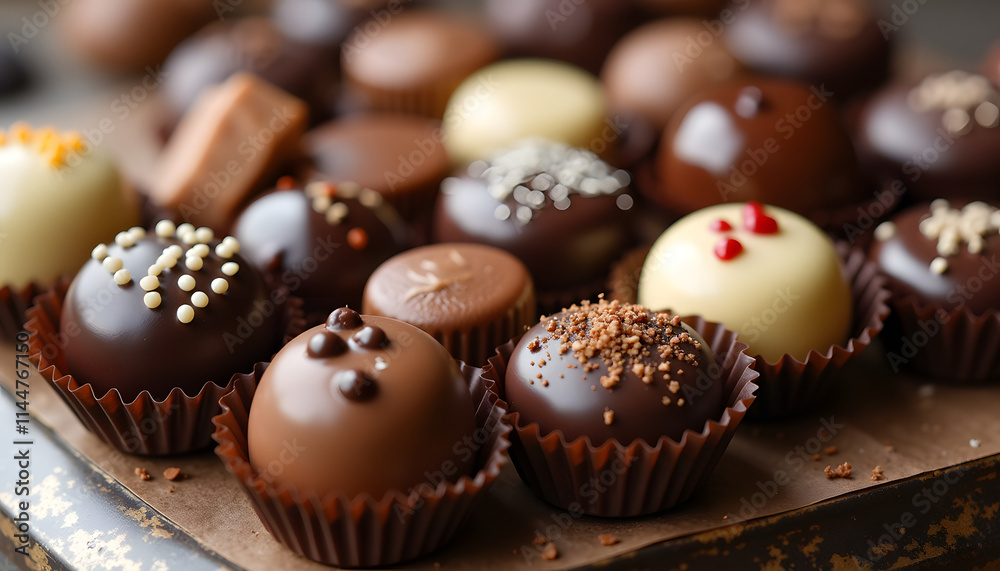 Assortment of exquisite chocolate truffles with various fillings, elegantly presented Assortment of exquisite chocolate truffles with various fillings, elegantly presented