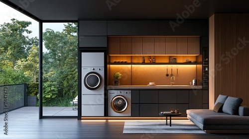 Wallpaper Mural A modern kitchen with an integrated laundry system, featuring two washing machines and matching cabinets, paired with a sleek gray couch on a wooden floor. Torontodigital.ca