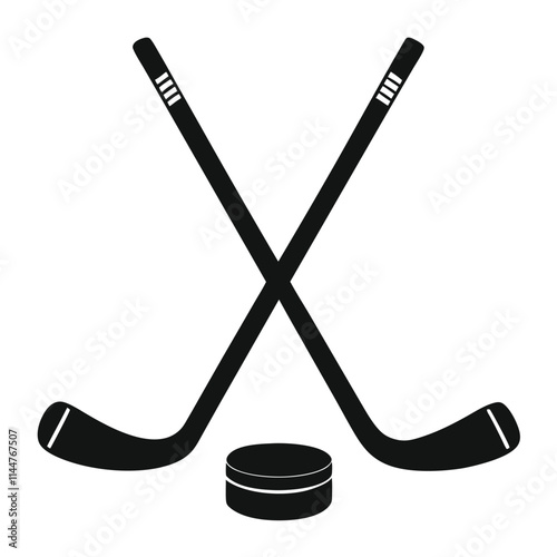 hockey sticks and a puck vector icon isolated on white background.  two hockey sticks and a puck.