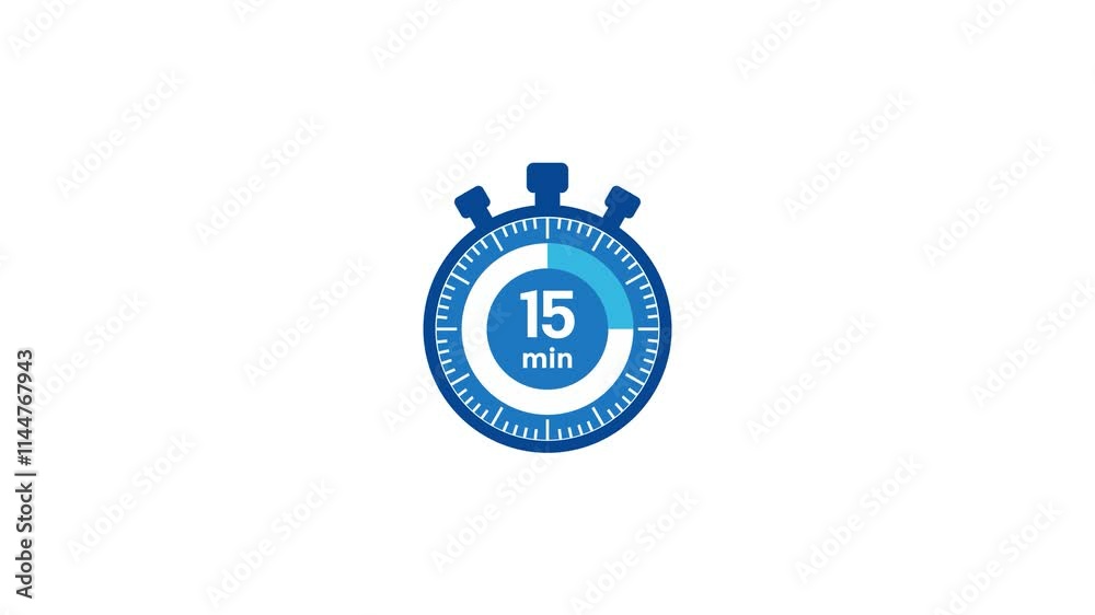 The 15 minutes, stopwatch icon. Stopwatch icon in flat style. The 15 minutes timer. Stopwatch icon in flat style. Motion graphics.