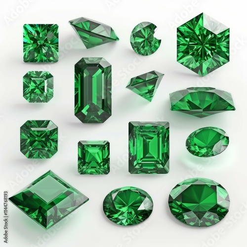 Collection of beautiful green emeralds are showing different cuts on white background