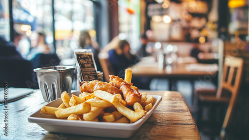 fish and chips on table in restaurant