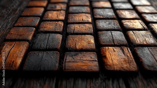 Close-up view of aged, dark-brown wooden paving stones.