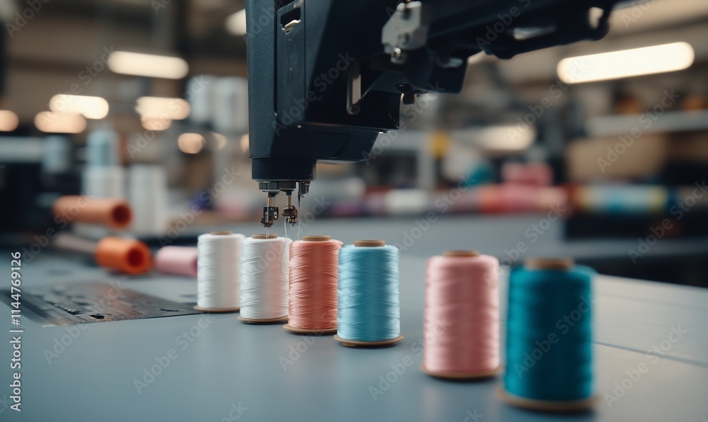 A sewing machine with colorful spools of thread in a workshop setting. A sewing machine with colorful spools of thread in a workshop setting.