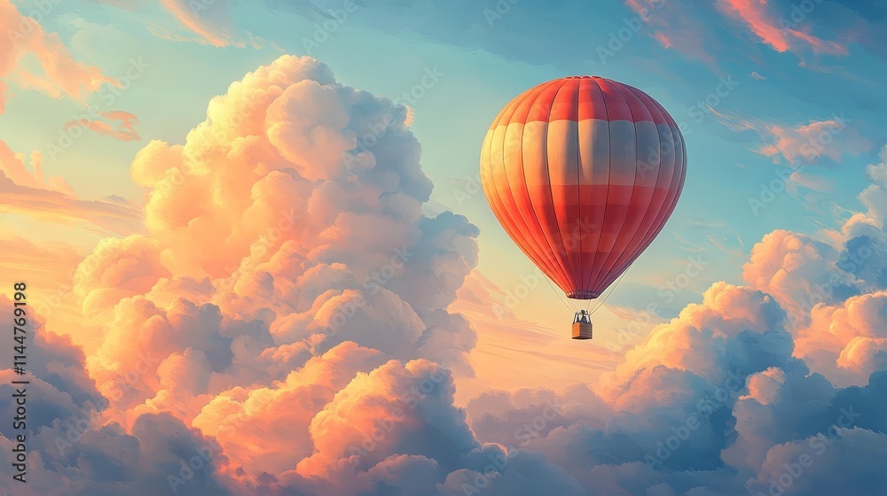 Obraz premium A vibrant hot air balloon floats serenely among colorful clouds, under a dreamy sky at sunset.