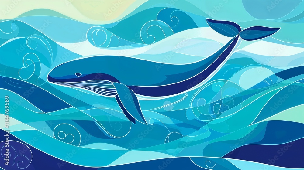 Fototapeta premium Artistic blue whale swimming in vibrant ocean waves in abstract style