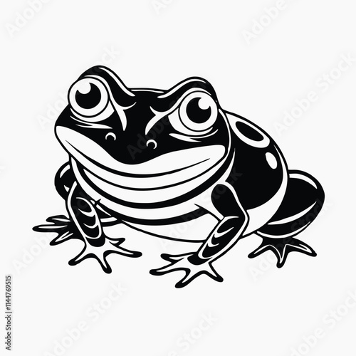 Black silhouette frog is sitting on a white background. Isolated illustration with dragonfly and frog in a cartoon style.