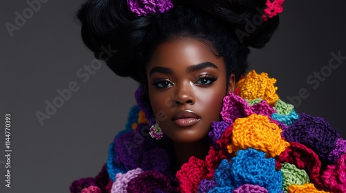Stunning Portrait of a Black Woman in a Vibrant Multicolored Knitted Garment