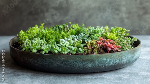 Succulent Garden in Copper Bowl - Tranquil succulent arrangement, symbolizes growth, nature, peace, resilience, and beauty. photo