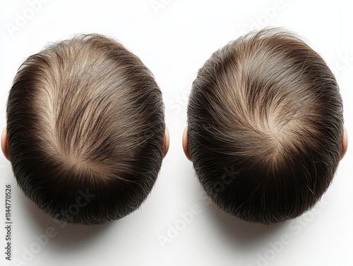 Two close-up views of male scalps, showcasing hair density and texture variations, highlighting differences in hair growth patterns. photo