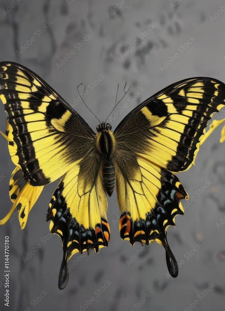 Obraz premium Close-up of Papilio machaon wings, vibrant yellow and black, macro, lepidoptera
