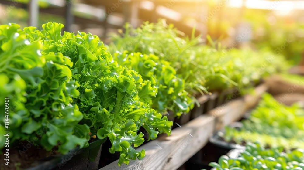 Lush green lettuce growing in pots at garden nursery bathed in warm sunlight Lush green lettuce growing in pots at garden nursery bathed in warm sunlight