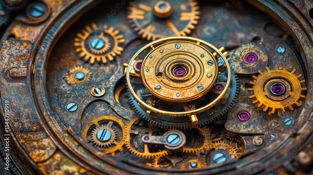 Fototapeta premium Close-up view of intricate rusty clockwork gears and mechanisms.