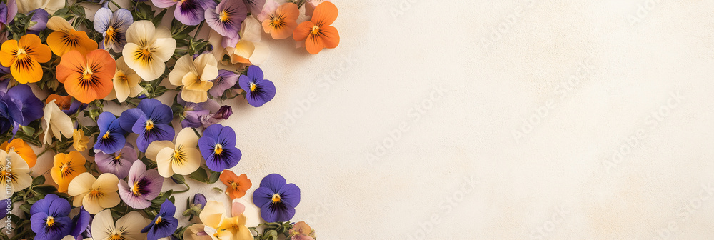 A vibrant array of multi-colored pansies spreads across a textured cream surface, showcasing the beauty of diversity in nature and intricate floral details. A vibrant array of multi-colored pansies spreads across a textured cream surface, showcasing the beauty of diversity in nature and intricate floral details.