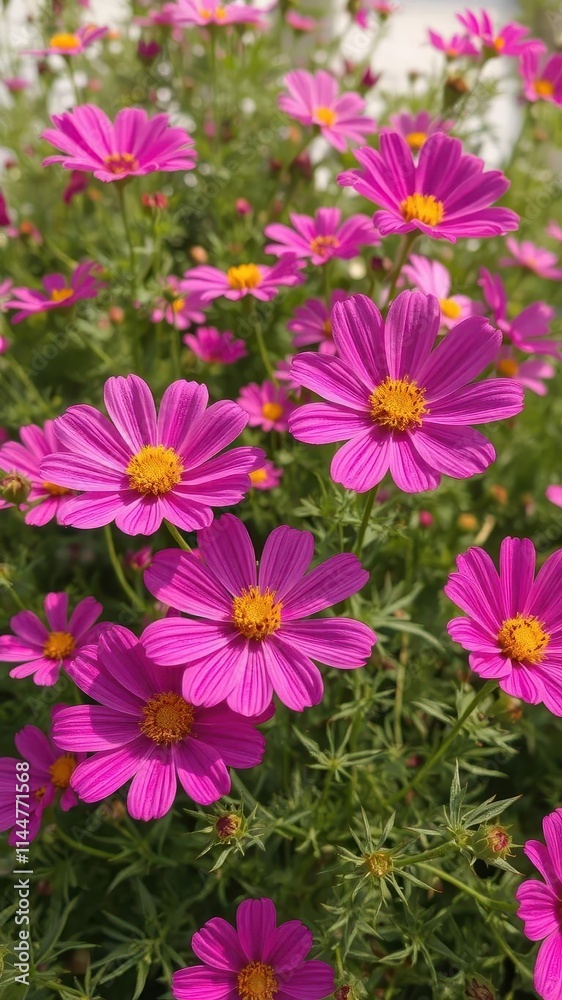 Cosmos flowers blooming vibrantly in a summer garden, macro, sunlight Cosmos flowers blooming vibrantly in a summer garden, macro, sunlight