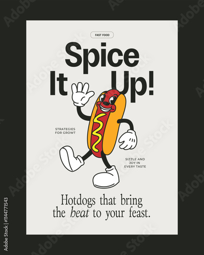 Vintage-style poster featuring a cheerful hotdog mascot with bold typography, ideal for fast food promotions and branding campaigns.