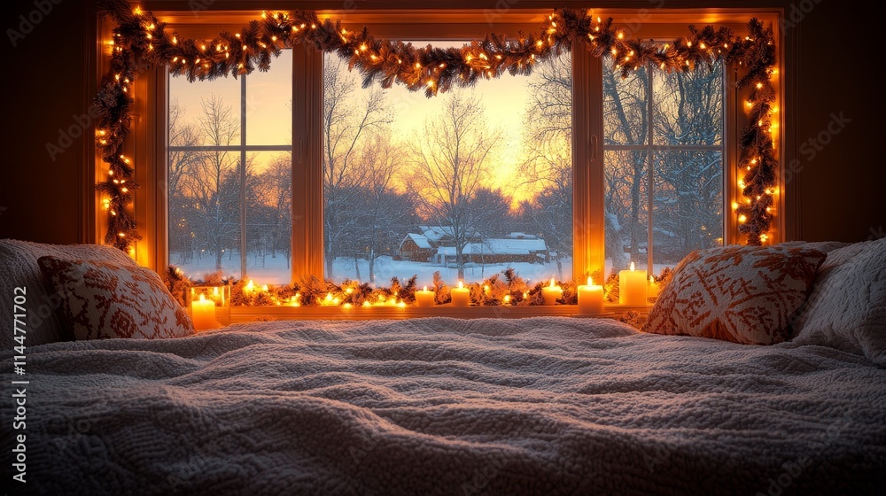 Fototapeta premium Cozy winter morning view with candles and lights