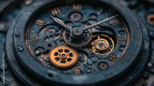 Close-up view of intricate watch mechanism with gears, hands, and numbers.