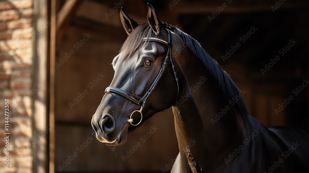 Majestic black horse poses in a rustic stable bathed in warm sunlight during early afternoon hours Majestic black horse poses in a rustic stable bathed in warm sunlight during early afternoon hours