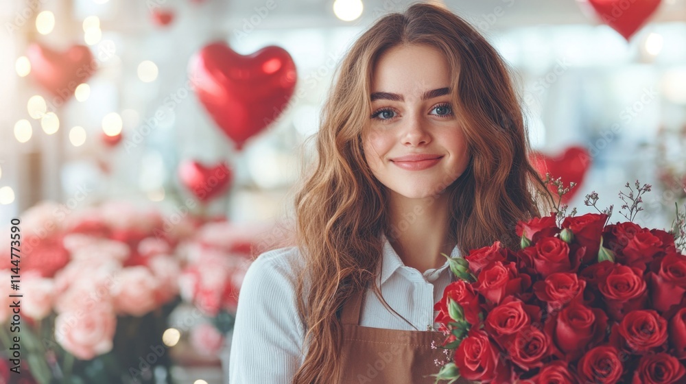 Young caucasian woman smiling with red roses surrounded by heart balloons in floral shop. The 14th of February. Happy Valentine's Day Young caucasian woman smiling with red roses surrounded by heart balloons in floral shop. The 14th of February. Happy Valentine's Day