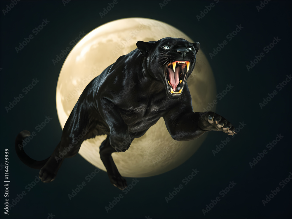 Obraz premium A majestic Black Panther silhouette howling at the moon, a wild canine mammal isolated against the night sky