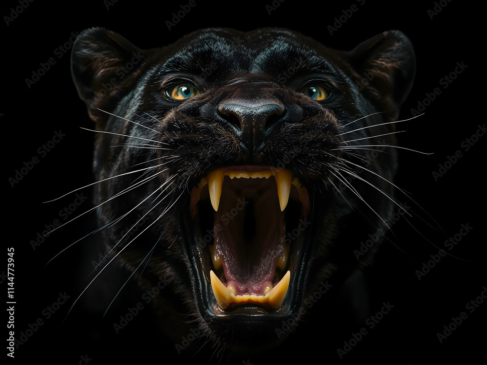 Portrait of black panther with open mouth isolated on black background Portrait of black panther with open mouth isolated on black background