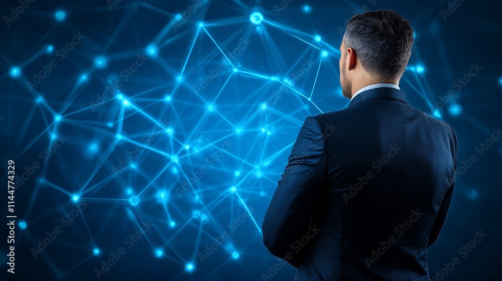 Businessman analyzes interconnected network, visualizing data flow, strategy and global connections Businessman analyzes interconnected network, visualizing data flow, strategy and global connections