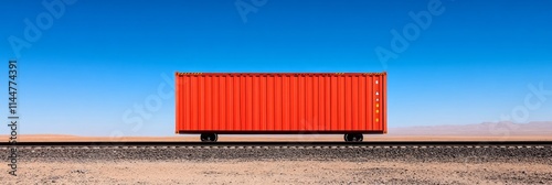 Vibrant Red Cargo Container on Railway - A single, vibrant red cargo container sits alone on a railway track stretching across a vast desert landscape under a clear blue sky.  Symbolizing transportati photo