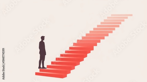 Silhouette of a Person Standing at the Base of Ascending Red Stairs Symbolizing Personal Growth and Transformation With Minimalistic Design