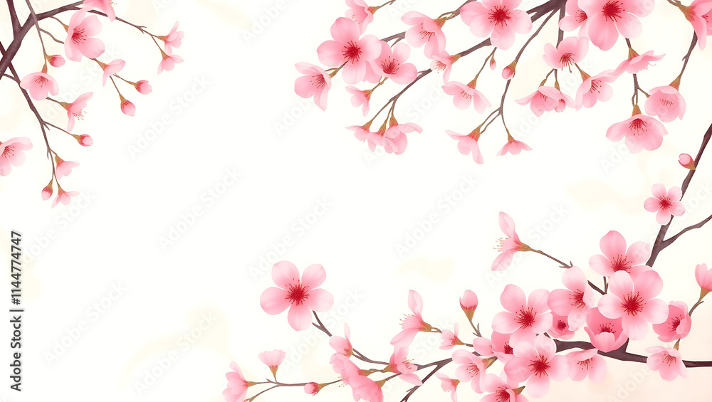 Vibrant Art Spring-inspired border background overflowing with delicate pink cherry blossoms, each petal softly illuminated