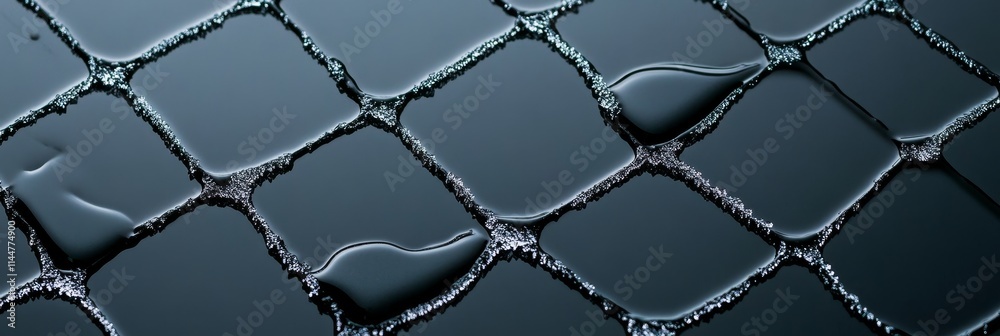 Fototapeta premium Water Droplets on Grid Surface - Abstract image, water, grid, texture, dark, design. Symbolizing structure, fluidity, contrast, reflection, and pattern.