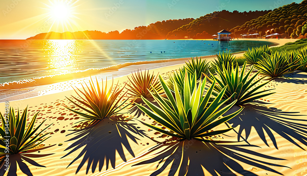 Obraz premium Agave Plants on a Tropical Beach at Sunset