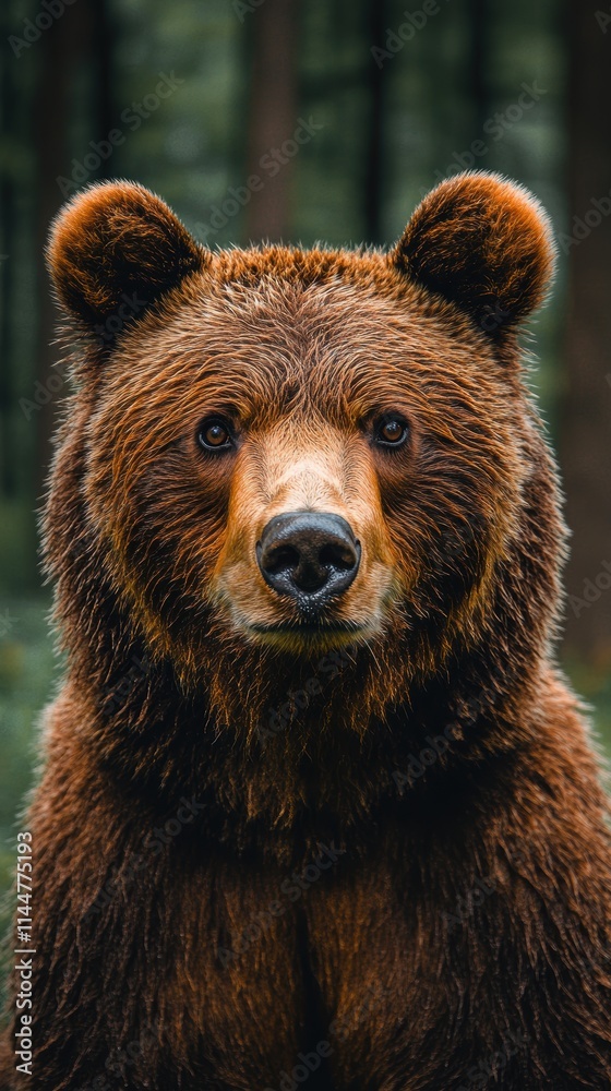 Fototapeta premium Close-up Portrait of a Majestic Brown Bear in Its Natural Forest Habitat with a Focus on Its Intense Gaze and Detailed Fur Texture, Exemplifying Wildlife Photography at Its Finest