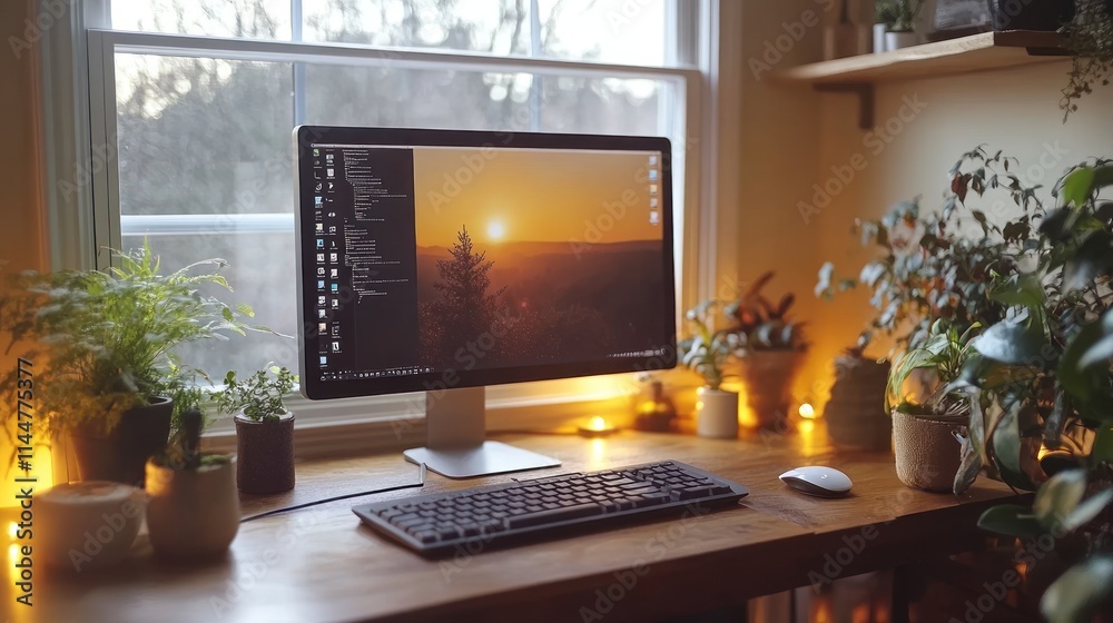 Cozy home office workspace with computer, plants, and warm lighting. Cozy home office workspace with computer, plants, and warm lighting.