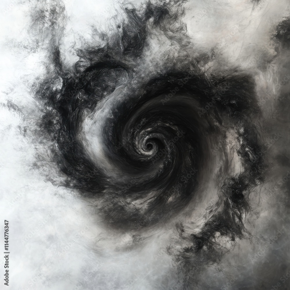 Fototapeta premium A swirling vortex of dark clouds and winds, with a dynamic spiral shape on a white background 