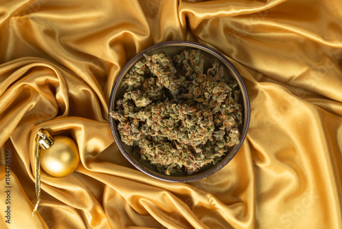 in a white young female hand a dry bud of medical marijuana. On a festive golden background