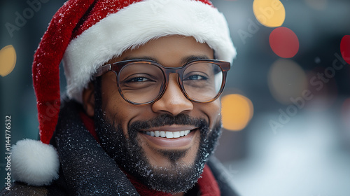 An employee playfully pretending to be Santa Claus with a makeshift hat. photo