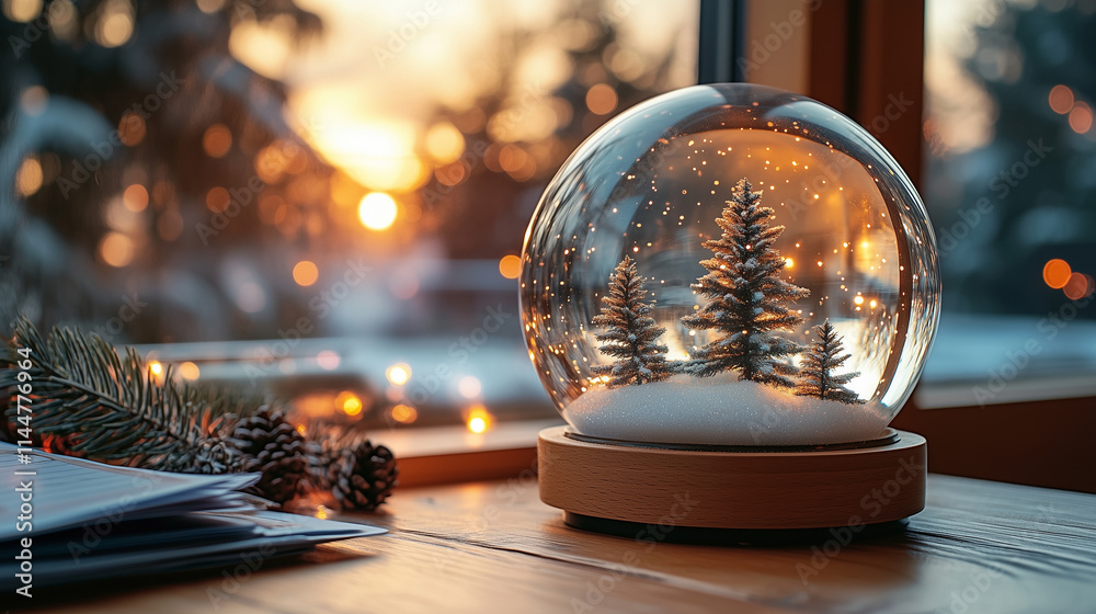 A snow globe placed as a decorative item next to office stationery. A snow globe placed as a decorative item next to office stationery.