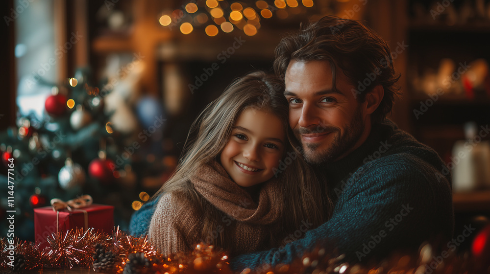 A framed family photo on a desk, surrounded by tinsel. A framed family photo on a desk, surrounded by tinsel.