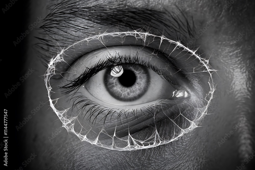 Fototapeta premium Eye of the person, Monochromatic close-up of an eye with intricate white jagged lines and a dark backdrop, emphasizing texture and contrast in a black-and-white theme, broken eye of person